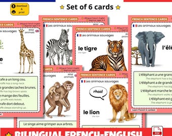 May include: Set of six bilingual French-English wild animal vocabulary cards for ages 4-8. Each card features a different animal, including a giraffe, zebra, tiger, elephant, monkey, and lion. The cards have text in both French and English.