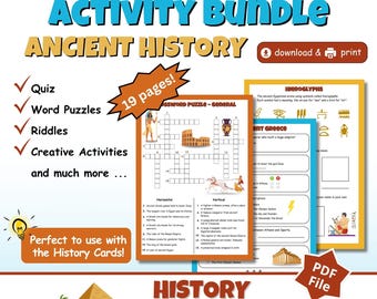 May include: A colorful educational activity bundle for ancient history, featuring quizzes, word puzzles, riddles, and creative activities. The bundle includes 19 pages and is designed for use with history cards. The title "Ancient History" is displayed prominently.
