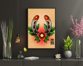 DIGITAL| Traditional Tattoo Style 'Lucky Horseshoe' Digital Print | Traditional Tattoo | Flash Art | Tattoo Flash | Tattoo Art Print |