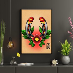 DIGITAL| Traditional Tattoo Style &#39;Lucky Horseshoe&#39; Digital Print | Traditional Tattoo | Flash Art | Tattoo Flash | Tattoo Art Print |