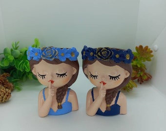 Flower Girls Succulent Pot, 2-pack succulent, Cute girls object, Handmade, Homedecor, Trinket