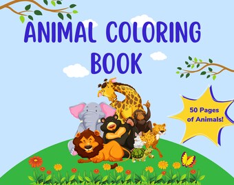 50 Page Animal Coloring Book | Dog, Cow, Giraffe, Monkey, and many more! Instant Download