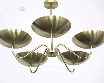Lustre de latão com 5 braços, luminária pendente moderna de meados do século XX, luminária de teto escandinava.