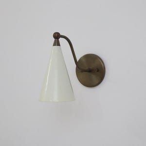 Brass Wall Sconce, Ivory Cone Shade, Mid Century Metal Lighting