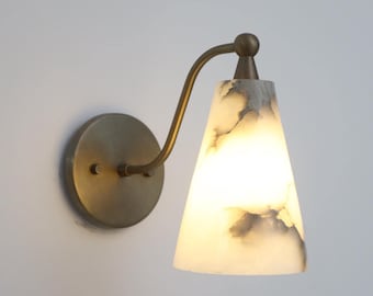 Alabaster Wall Light, Brass Arm with Natural Veining