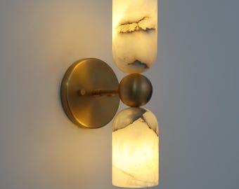 Dual Light Alabaster Cylinder Wall Sconce ,Minimalist Luxe Style