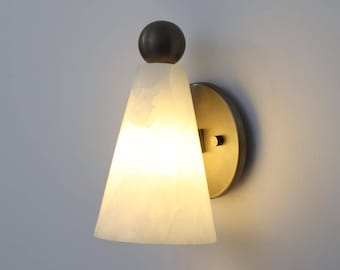 Alabaster Wall Lamp, Mid Century Modern Sconce with Brass Finish