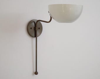 Brass Wall Sconce with Ivory Bowl Shade, Modern Mid Century Lighting