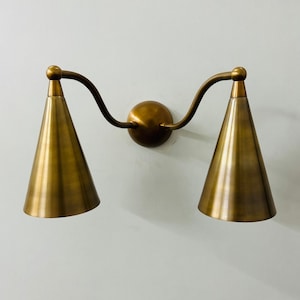 Handcrafted Double Sconce Mid Century Modern Raw Brass Wall Lamp