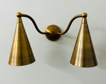 Handcrafted Double Sconce Mid Century Modern Raw Brass Wall Lamp