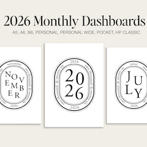 Puede incluir: Tres impresiones rectangulares blancas con texto negro. El texto superior dice "2026 Monthly Dashboards" y el texto inferior enumera los tamaños de planificador. Cada impresión presenta un diseño circular con un mes y el año 2026.