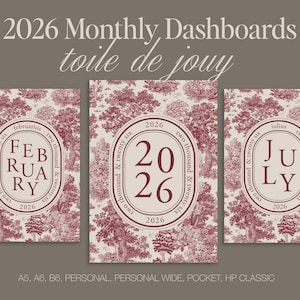 May include: Three 2026 monthly dashboards with a toile de jouy design. Each dashboard features a different month: February, July, and a central dashboard with the year 2026. The dashboards are in shades of red and cream.