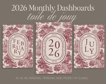 2026 Monthly Planner Dashboards | Toile De Jouy | Printable | A5 A6 Personal Wide Pocket B6 HP Classic