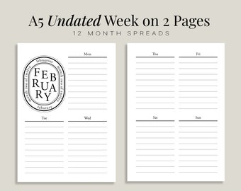 A5 Undated Week on Two Pages | WO2P | Printable | Monthly