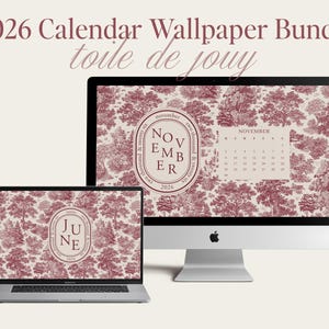 May include: A desktop computer and laptop display a 2026 calendar wallpaper bundle. The wallpaper features a red and white toile de jouy design with trees and foliage. The desktop shows the month of November, and the laptop shows June.