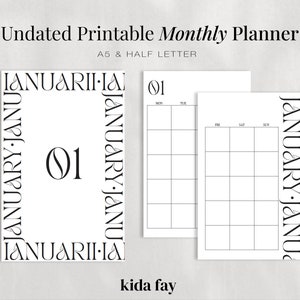 Calendario mensual sin editar y tablero A5, Planificador imprimible de media letra / MO2P / Mes en dos páginas