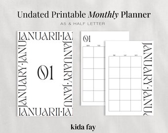 Unated Monthly Calendar & Dashboard A5, Half Letter Printable Planner | MO2P | Month on Two Pages