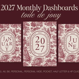 May include: Three rectangular planner dashboards featuring a maroon and cream toile de jouy pattern. Each dashboard displays a central oval frame with text including 2027, January, and June. The text 2027 Monthly Dashboards toile de jouy is at the top.