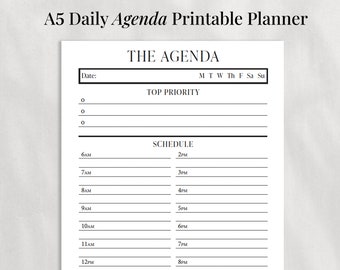 A5 Undated Daily Agenda | Planner Schedule | Printable Digital Download | Day on One Page