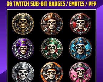 May include: Nine different pirate skull designs with various colored backgrounds. Each skull is wearing a pirate hat and has crossed bones behind it. The text "PIRATE SKULLS" is at the top of the image and the text "36 TWITCH SUB-BIT BADGES/EMOTES/PFP" is below the image.