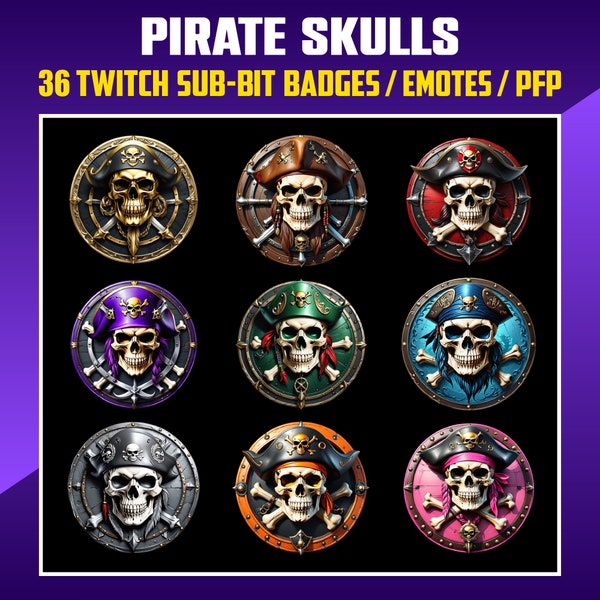 Pirate Skull Twitch Sub Badges, Sub Bit Badges for Streamers, Kick, VTuber, Avatars, Emote, Clipart, Transparent PNG