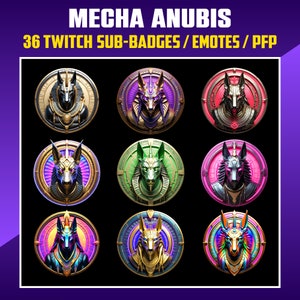 May include: Nine circular Twitch sub-badges or emotes featuring a gold, black, and silver robotic Anubis with different coloured backgrounds. The backgrounds include red, pink, green, purple, and blue.