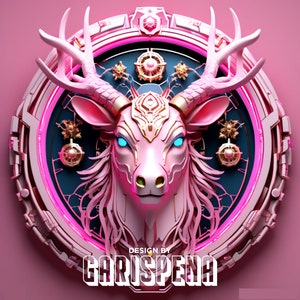May include: A pink deer head with glowing blue eyes is surrounded by a circular, pink, and gold frame with a neon pink ring. The frame has a geometric design and the text "DESIGN BY GARISPENA" is at the bottom.