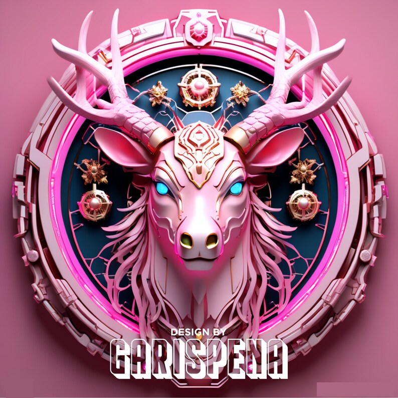 May include: A pink deer head with glowing blue eyes is surrounded by a circular, pink, and gold frame with a neon pink ring. The frame has a geometric design and the text "DESIGN BY GARISPENA" is at the bottom.