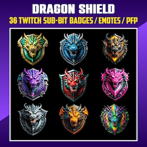 Puede incluir: Conjunto de 36 insignias, emoticonos e imágenes de perfil de Twitch para suscripciones y bits, que representan una cabeza de dragón dentro de un escudo. Los escudos son de varios colores, incluidos oro, azul, morado, rojo, rosa, plata, naranja y arcoíris.