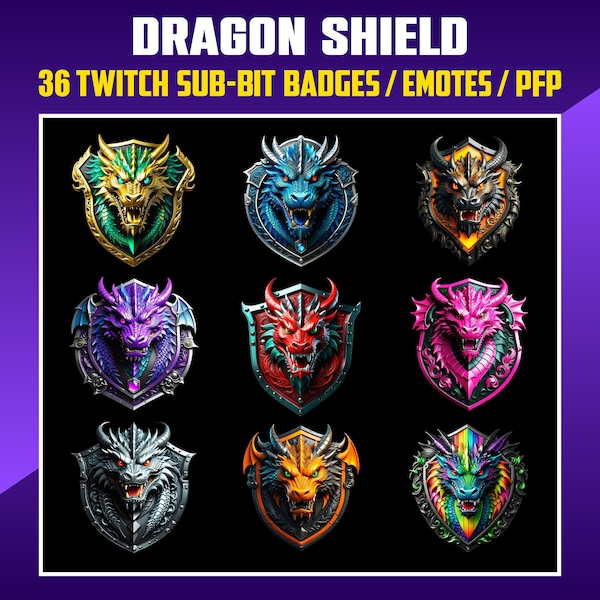 Dragon Shield Twitch Sub Badges, Sub Bit Badges for Streamers, Kick, VTuber, Avatars, Emote, Clipart, Transparent PNG