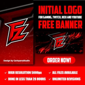 I will design Initial logo for your kick, youtube, twitch and gaming channels with Free banner