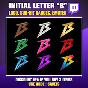 Emblemas de inscritos do Twitch B, logotipo de jogos B, emotes do Twitch B, letra B para streamers, emblemas de inscritos B