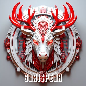 May include: A white and red stylized deer head with glowing red eyes, surrounded by a circular, geometric design. The text "DESIGN BY GARISPENA" is below the deer head.