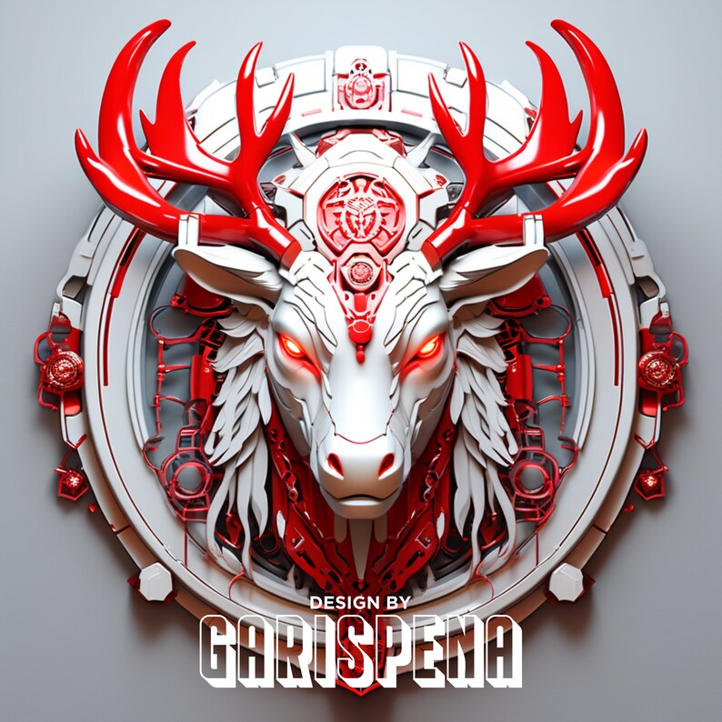 May include: A white and red stylized deer head with glowing red eyes, surrounded by a circular, geometric design. The text "DESIGN BY GARISPENA" is below the deer head.