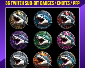 May include: Nine different Twitch sub-bit badges featuring a shark with an open mouth. The badges are in a 3x3 grid and have different colored backgrounds and designs. The text "SHARK" is at the top of the image and the text "36 TWITCH SUB-BIT BADGES/EMOTES/PFP" is below the grid of badges.