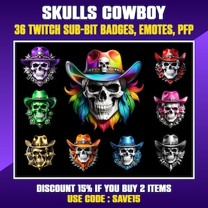 Op de afbeelding: Een set van 36 kleurrijke schedel-cowboy Twitch sub-bit badges, emoticons en profielfoto's. De schedels dragen cowboyhoeden in verschillende kleuren en ontwerpen. De tekst "SKULLS COWBOY" en "36 TWITCH SUB-BIT BADGES, EMOTES, PFP" staat bovenaan de afbeelding. De tekst "DISCOUNT 15% IF YOU BUY 2 ITEMS" en "USE CODE: SAVE15" staat onderaan de afbeelding.