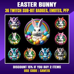 Easter Bunny Twitch Badges, Sub Bit Badges for Streamers, Kick, VTuber, Avatars, Emotes, Clipart, Transparent PNG