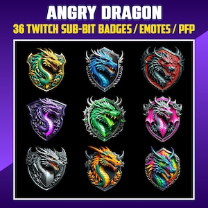 May include: Nine different shield designs featuring angry dragons in various colors, including green, blue, red, purple, silver, and gold. The shields are perfect for Twitch sub-bit badges, emotes, or profile pictures.
