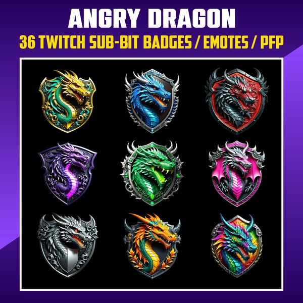 Angry Dragon Twitch Sub Badges, Sub Bit Badges for Streamers, Kick, VTuber, Avatars, Emote, Clipart, Transparent PNG