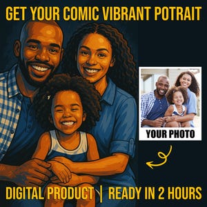 Illustration comic portrait, vibrant style portrait from your photo, cartoon portrait, pet portrait, digital custom portrait.