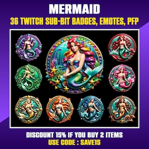 Mermaid Twitch Sub Badges, Sub Bit Badges for Streamers, Kick, VTuber, Avatars, Emote, Clipart, Transparent PNG