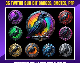 Badges Twitch, sous-badges Raven Twitch, Bit Badges, émoticônes Raven, streamers, coup de pied, VTuber, avatars, cliparts, PNG transparent