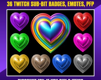 Peut inclure: 36 badges Twitch de sous-bits, émoticônes et images de profil avec un design de cœur 3D dans différentes couleurs, notamment rouge, bleu, vert, or, argent et violet. Le texte "3D HEART" et "36 TWITCH SUB-BIT BADGES, EMOTES, PFP" est affiché en haut de l'image. Le texte "DISCOUNT 15% IF YOU BUY 2 ITEMS" et "USE CODE: SAVE15" est affiché en bas de l'image.