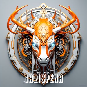 May include: A stylized orange and white deer head with glowing blue eyes, surrounded by a circular, gold and white, mechanical design. The text "DESIGN BY GARISPENA" is at the bottom of the image.
