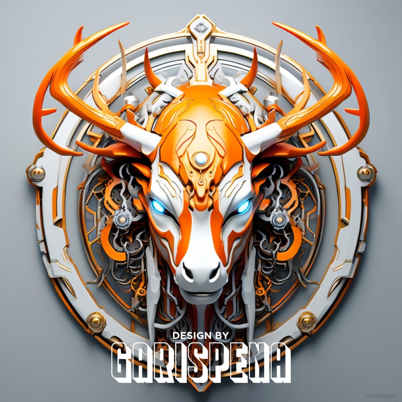 May include: A stylized orange and white deer head with glowing blue eyes, surrounded by a circular, gold and white, mechanical design. The text "DESIGN BY GARISPENA" is at the bottom of the image.