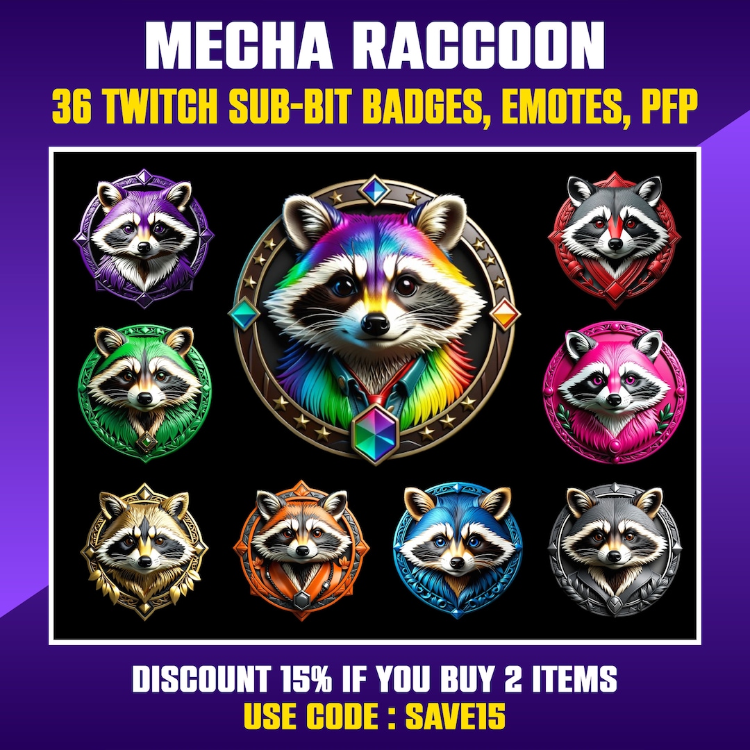 Raccoon Twitch Badges: Sub Badges, Emotes, Clipart (PNG Digital ...
