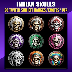 May include: Nine round, colorful, illustrated badges featuring a skull wearing a Native American headdress. The badges are perfect for Twitch streamers to use as sub-bit badges, emotes, or profile pictures.