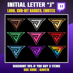 Emblemas de inscritos J Twitch, logotipo de jogos J, emotes J Twitch, letra J para streamers, emblemas de inscritos J