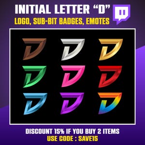 Insignias de suscripción de Twitch, logotipo de juegos, emoticonos de Twitch, letra D para streamers, insignias de suscriptor