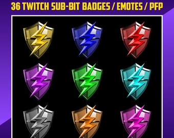 May include: Set of nine Twitch sub-bit badges featuring a lightning bolt inside a shield. The shields are in different colors: yellow, blue, red, purple, green, turquoise, silver, orange, and pink.